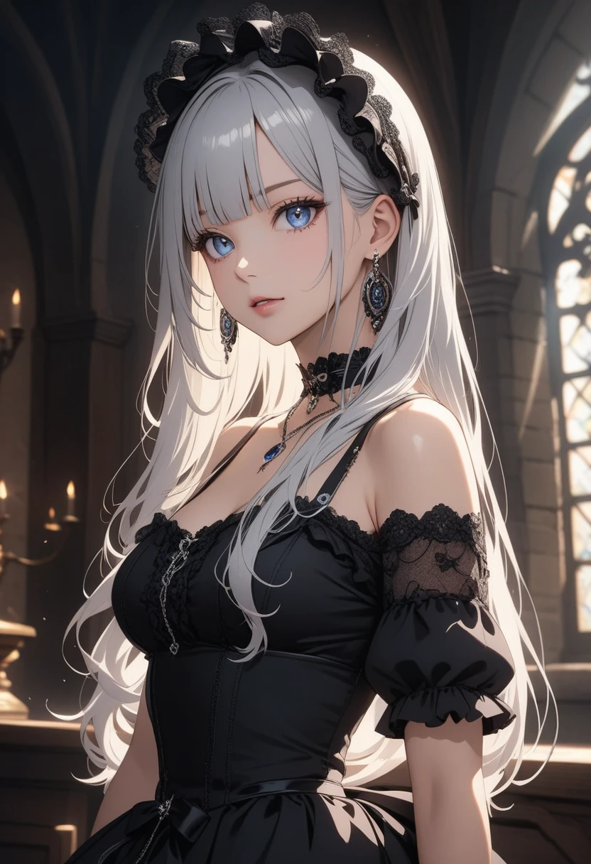 1 girl, ((Portrait of a beautiful girl in Lolita fashion: 1.4)), attractive face, elegant, gorgeous, (black gothic lolita dresses, choker, earrings, rings, jewelry), luxurious, detailed beautiful face, 
(shiny silver hair, long hair), glowing eyes, light reflecting in the eyes. (finely detailed beautiful eyes: 1.2), double eyelids, (eyelash: 1.2), (eye shadow: 1.2), cowboy shot, at a medieval european castle, 
((very detailed, ultra-high resolution, absurdres, highres, masterpiece, best quality, very aesthetic, fine texture, newest, perfect lighting, best shadow, sharp focus, high color saturation)), (anatomically correct, perfect hands), (professional photography), ((anime art style)), great lighting, 