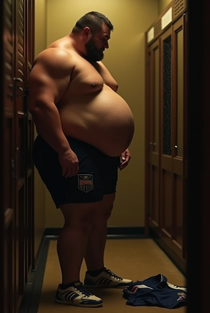 Side view, Side, Side view, JOGADOR DE RUGBY parrudo de fully body, protruding belly on display, fully body, fatter, UNIFORMS at your feet, background of a DRESSING ROOM AT NIGHT WITH INTIMATE AND YELLOWISH LIGHTING, immersive and sensual lighting