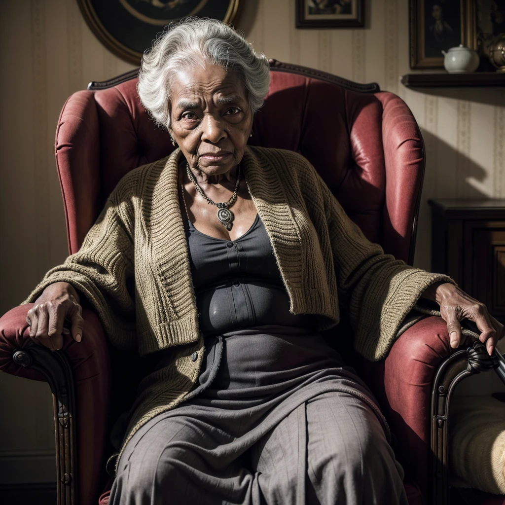 A 100-year-old black woman sitting in an armchair holding a cane, Terror, antique decorations, pobres, High definition, overdefined, realisitic, detailded, a sense of mystery, dark house, villain