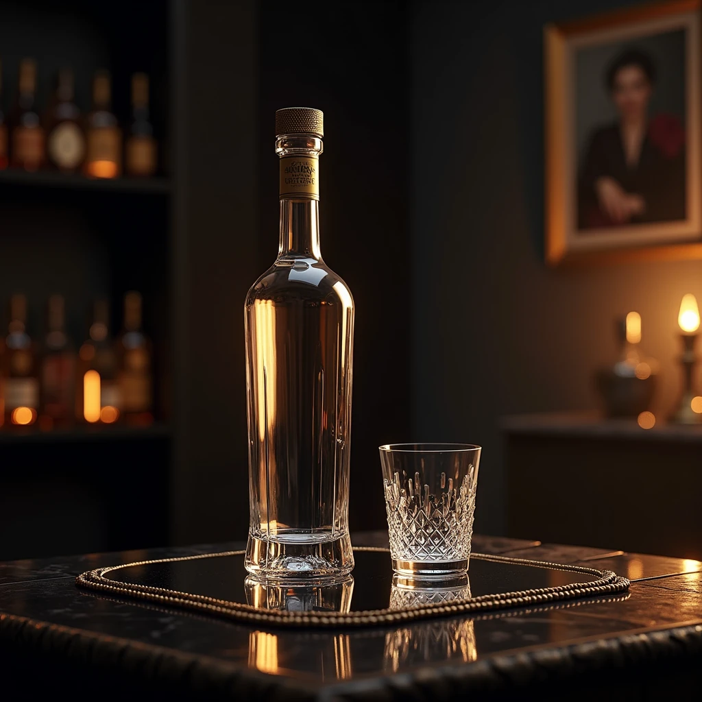 Vodka bottle with glass placed on mirror surfaces with dark black and gold colour scheme with blur bar background