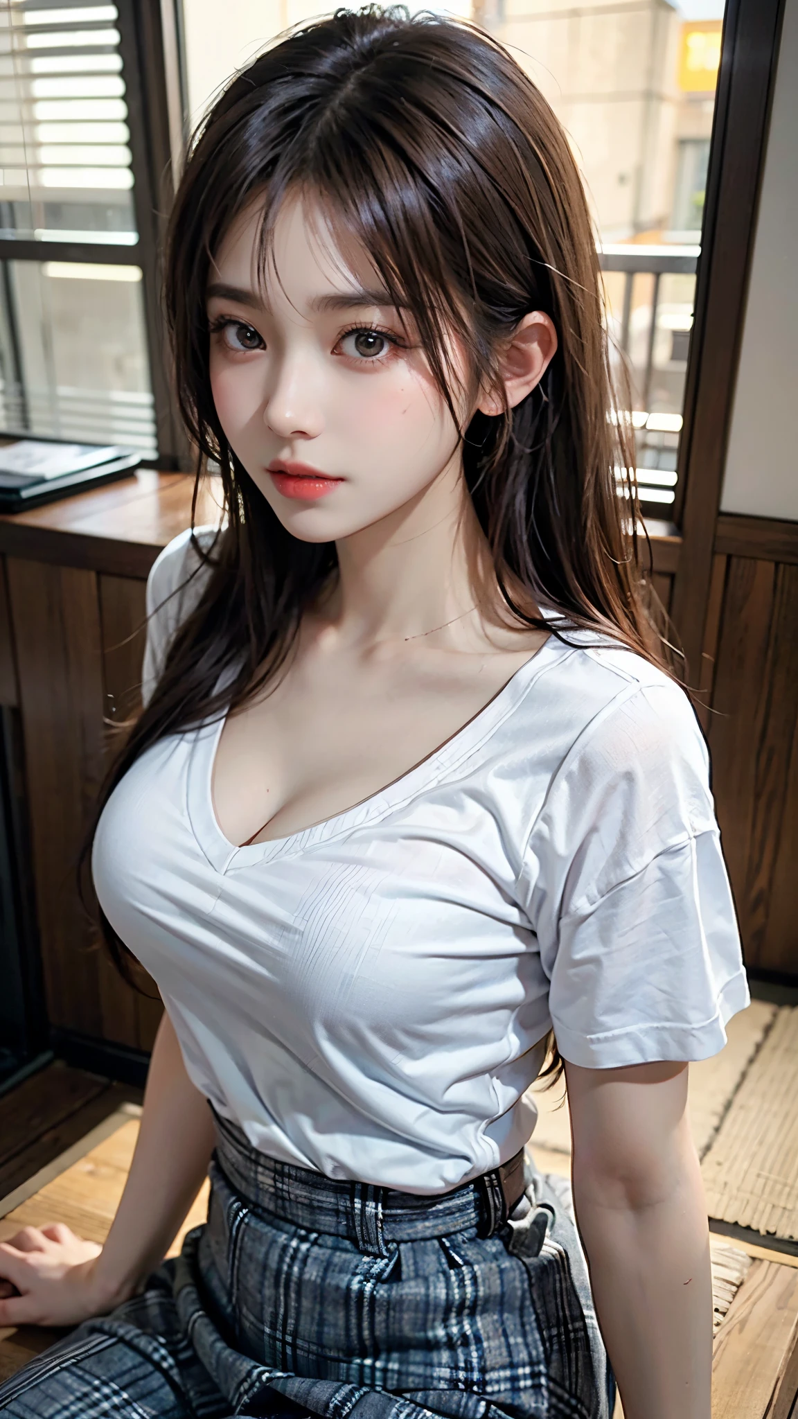 Photorealistic、Masseter muscle area、Highest quality、High resolution、RAW Photos、Realistic、Bright lighting、Face Light、Smooth Professional Lighting、Japanese women、 Lady、Beautiful woman、Modeled、gravure、Sexy、so beautiful、Realisticで美しい肌、Beautiful and detailed、Detailed face、slim、Medium large breasts、Short Medium Hair、Brunette color hair、The eyes are brown、Lift up your skirt、I can see your pants、T-Shirts