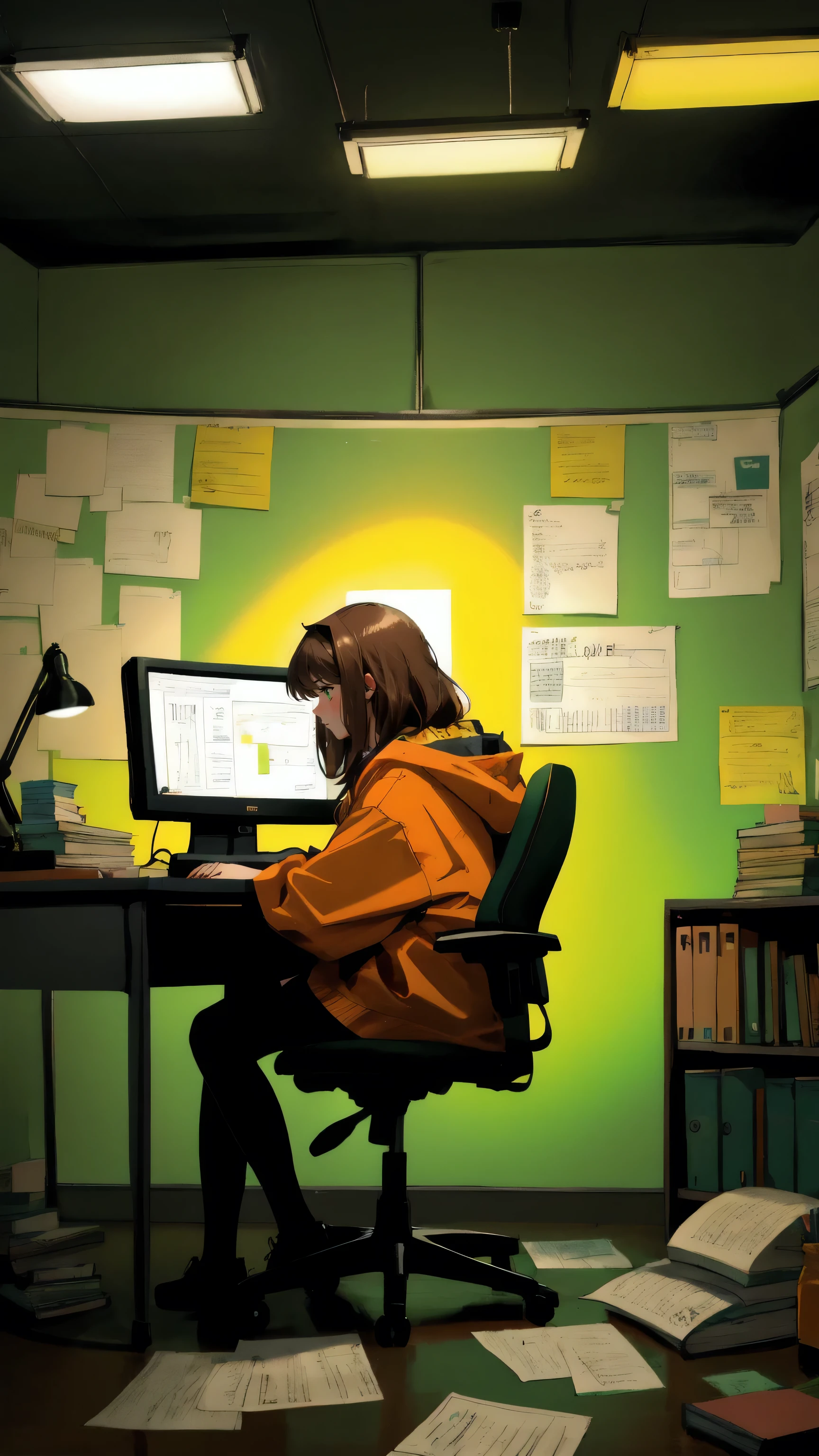 A cute anime girl with messy brown hair and a short beard sits hunched over a cluttered desk in a dimly lit office. She wears an orange hoodie and stares intently at an old CRT monitor. The desk is covered in papers, books, and office supplies. Above, green shelves are packed with folders, computer towers, and tech equipment. A bright yellow banner hangs prominently, reading 'DYOR or Die' in black hand-drawn letters. The entire scene is rendered in shades of green and yellow, creating a monochromatic, almost oppressive atmosphere. The art style is detailed and gritty, like a comic book illustration. The background is filled with sticky notes, charts, and cryptic scribbles. A fluorescent light fixture is visible at the top of the image. The overall mood is one of intense focus and information overload.