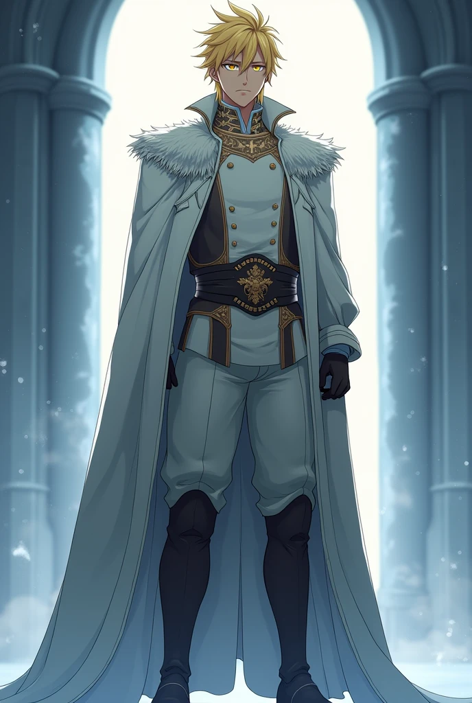 1 male, young adult, light yellow hair,, Yellow eyes, shag, Radiant, strong build , Simple royal outfit , cold, masculine, , Serious anime,