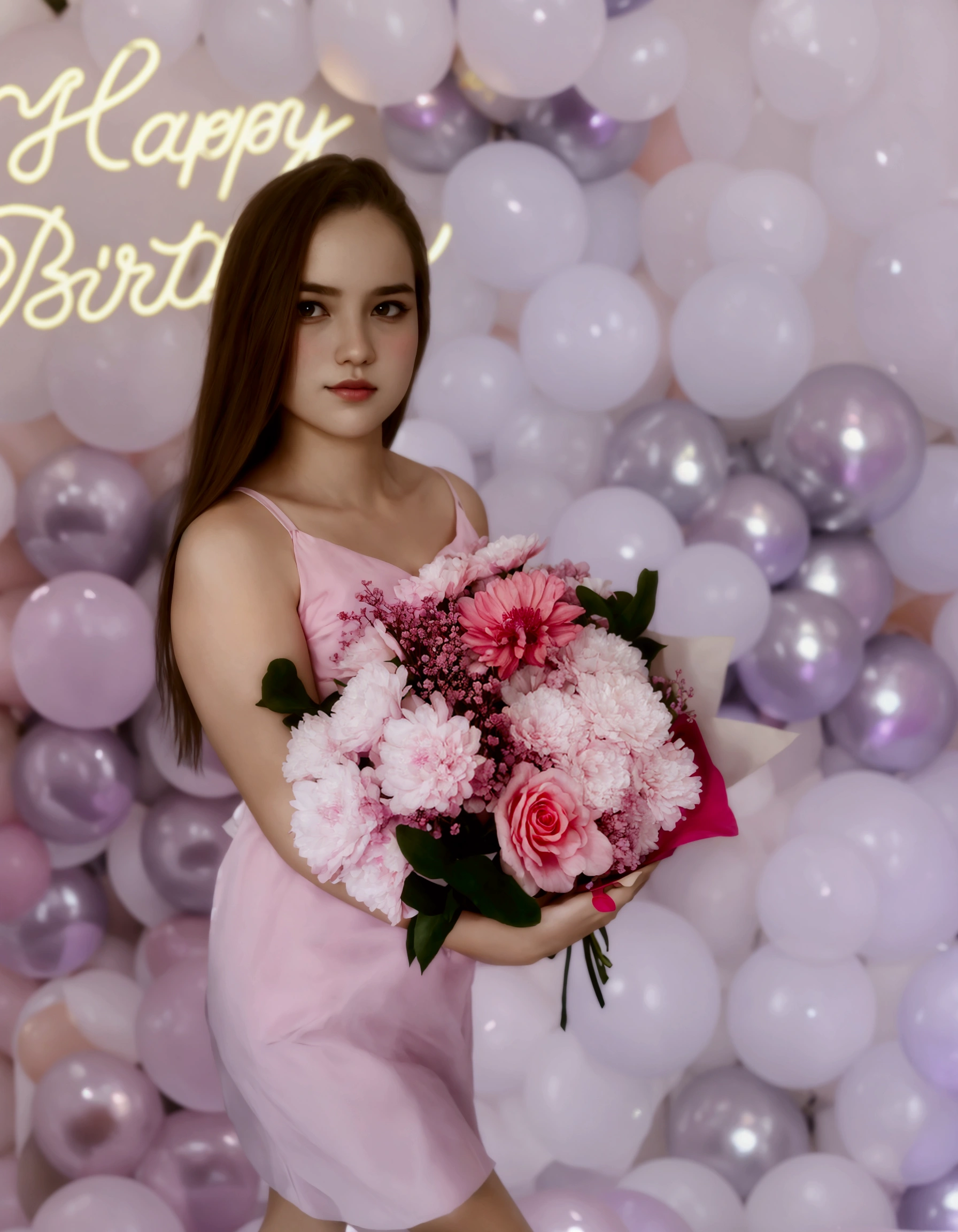 Beautiful girl with flowers, girl against the background of balloons