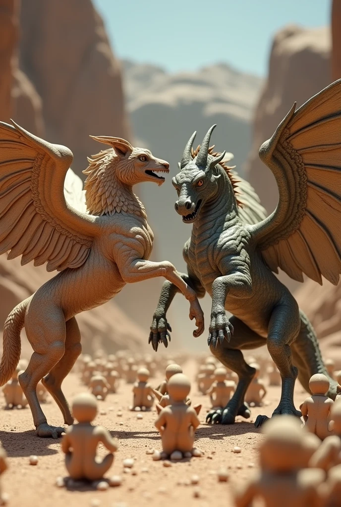 Griffin, Pegasus, and Dragon all kick the clay figurines away.