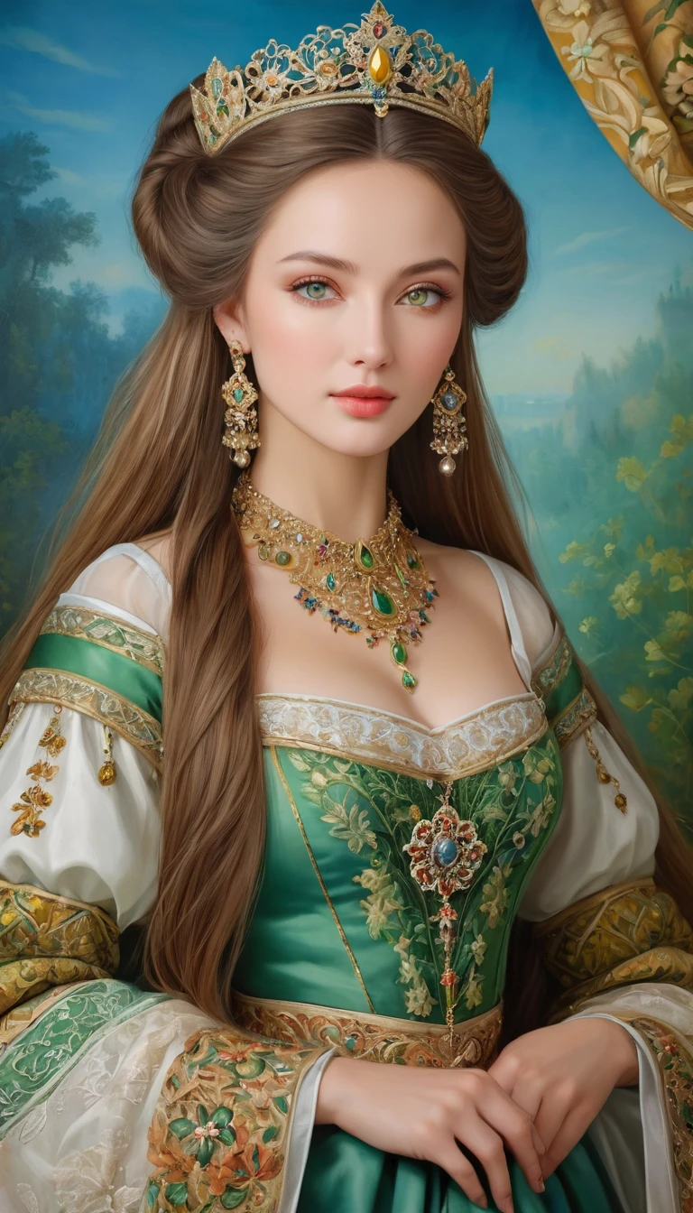 (High resolution,masterpiece:1.2),(Realistic:1.37)"(Highest quality, High resolution, Very detailed, Realistic),Portrait of a beautiful Ukrainian queen of the 16th century, (She is half Ukrainian and half Japanese., She is a beautiful woman with greenish-grey eyes and a high nose.:1.1), Elaborate costumes, tiara, Detailed facial features, Long and graceful neck, Flowing locks of hair, Calm and elegant posture, Soft and delicate lighting, Classical Oil Painting Medium, Vibrant colors, Delicate background with star motif", Dreamy atmosphere, Surrealism,Mysterious Aura