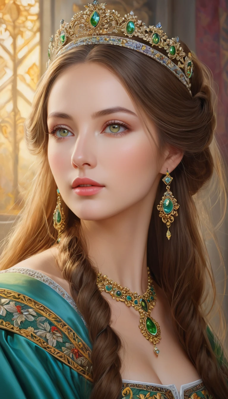 (High resolution,masterpiece:1.2),(Realistic:1.37)"(Highest quality, High resolution, Very detailed, Realistic),Portrait of a beautiful Ukrainian queen of the 16th century, (She is half Ukrainian and half Japanese., She is a beautiful woman with greenish-grey eyes and a high nose.:1.1), Elaborate costumes, tiara, Detailed facial features, Long and graceful neck, Flowing locks of hair, Calm and elegant posture, Soft and delicate lighting, Classical Oil Painting Medium, Vibrant colors, Delicate background with star motif", Dreamy atmosphere, Surrealism,Mysterious Aura