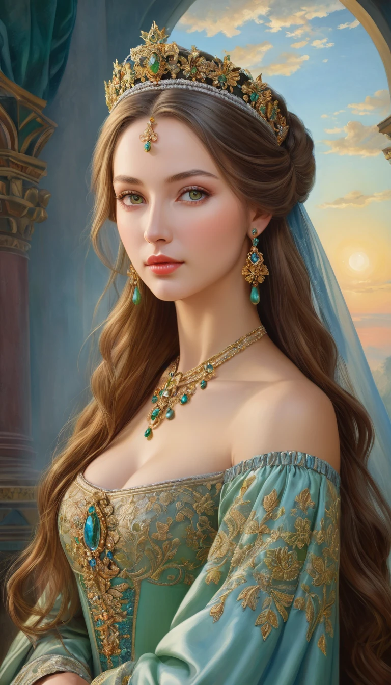 (High resolution,masterpiece:1.2),(Realistic:1.37)"(Highest quality, High resolution, Very detailed, Realistic),Portrait of a beautiful Ukrainian queen of the 16th century, (She is half Ukrainian and half Japanese., She is a beautiful woman with greenish-grey eyes and a high nose.:1.1), Elaborate costumes, tiara, Detailed facial features, Long and graceful neck, Flowing locks of hair, Calm and elegant posture, Soft and delicate lighting, Classical Oil Painting Medium, Vibrant colors, Delicate background with star motif", Dreamy atmosphere, Surrealism,Mysterious Aura