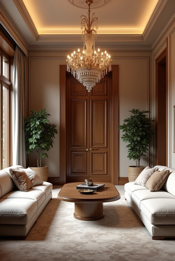 I want to renovate my Home first floor hall I will put in the description. Let's consider halls length = hl , halls height = hh , halls breadth = hb , door height= dh , door length= dl . Measurement are in inches
hl=375
hb=158
hh=120
window length= 75
window breadth= 63
door which is in the middle of one side of the length of the wall and surrounded by the windows on left and right side of the door and one window on each side of the breadth side of the wall. Doors and windows made up of wood old classic fashioned brown coloured.
dh=80
dl=110
I want one Bugatti cheron table at the center of the hall and a chandelier on top of it and sofas surrounded touching the wall the costliest sofas in the world and the room colour is creamish. The room should contain all the technology features latest and it should be classy.