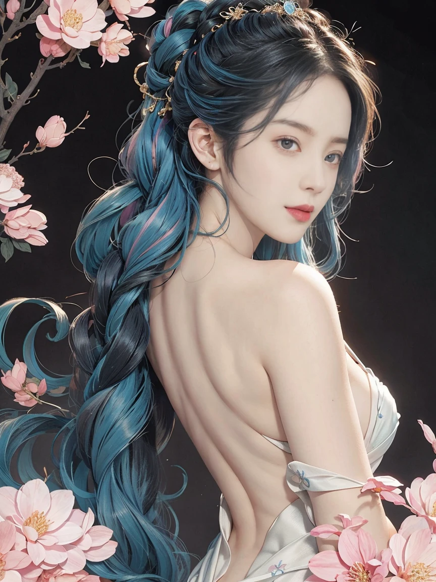 highly detailed, 8K, masterpiece, 1 girl, blue pink_hair, nude, Smile, (perfect_Face), boundary, close up, crazy, exist_Back, Gorgeous, complicated, Dramatic Lighting, 4K, detailed_Background, Caustics, full_Body,  