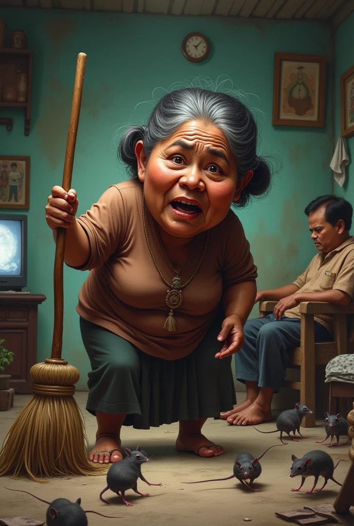 60 years old Indonesian lady holding a broom stick, sweeping the floor. The lady a little bit fat, dark skin. Several mices running around, The lady look upset and terrified. Her husband is nearby look relax watching TV. Detailed 3D caricature.