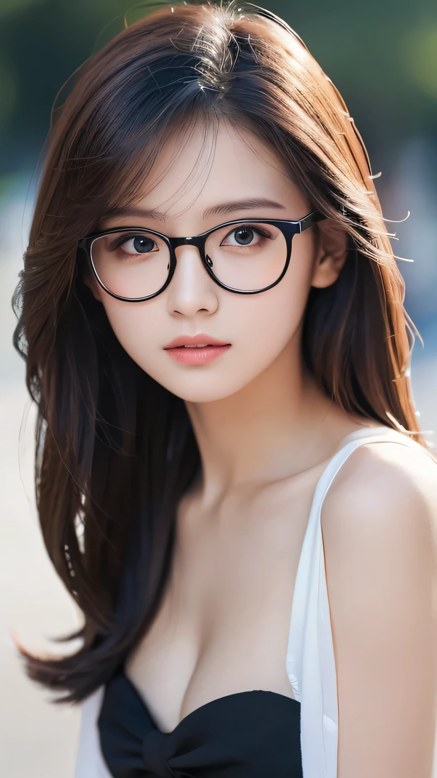 Tabletop、(masterpiece:1.3), (8k, Photorealistic: 1.4, RAW Photos, Best image quality: 1.4), Japanese Idols、Super detailed face、Attention to detail、Genuine、 double eyelid、Big and attractive eyes、Perfectly beautiful eyes、 Sharp focus:1.2、Beautiful woman:1.5、 Light brown hair、 Highest quality、masterpiece、Ultra-high resolution、Depth of written boundary、Perfect Shadow、(Photorealistic:1.4)、 Highly detailed and professional lighting、 Perfectly shaped、Symmetrical face、beautiful girl、Glowing Skin、Sharp focus, Perfect Anatomy,Realistic Light、Large black-rimmed glasses、realistic glasses、Business district、Full body view、