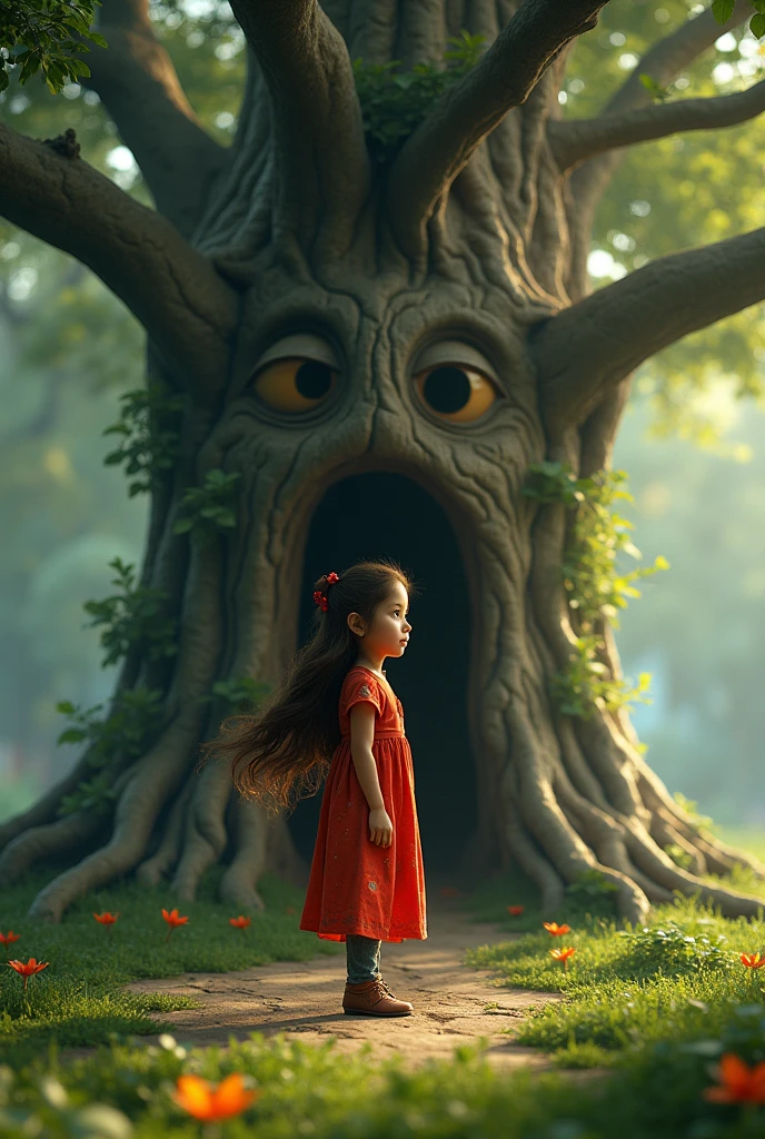 - The tree speaks to Maya, wear red frock and having brown hair  she is  other girls remove 
explaining its importance
- Describe the tree's emotions and Maya's reaction
- Show Maya's initial understanding of the tree's significance remove the eye's of tree
3d image 

