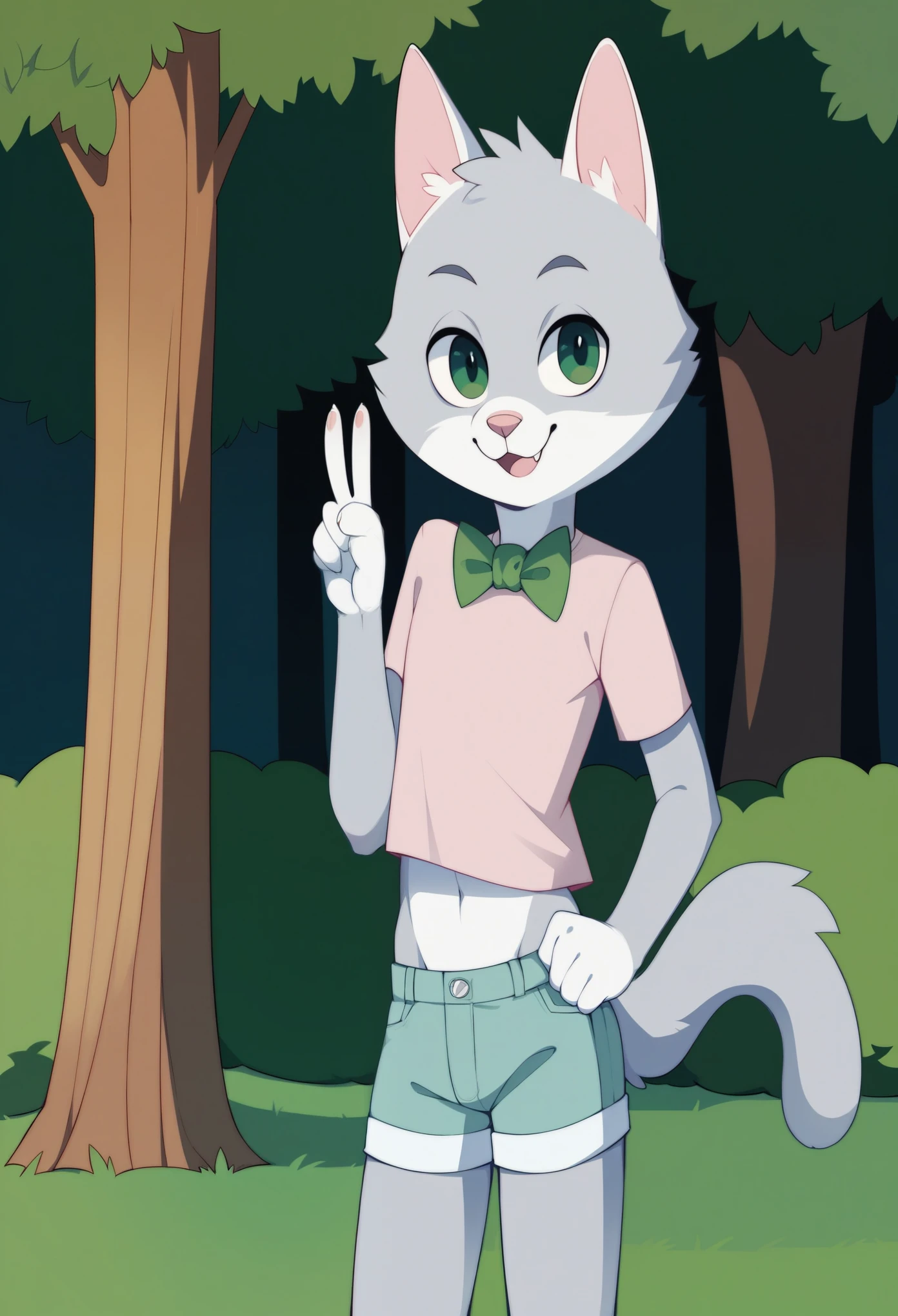 (Best quality, high quality:1.3), the collection, pet cat, gray fur, the bow tie, Tail, standing, deTailed background, I look at the viewer, T-shirt, shorts, girly, v sign, green t-shirt, sexy