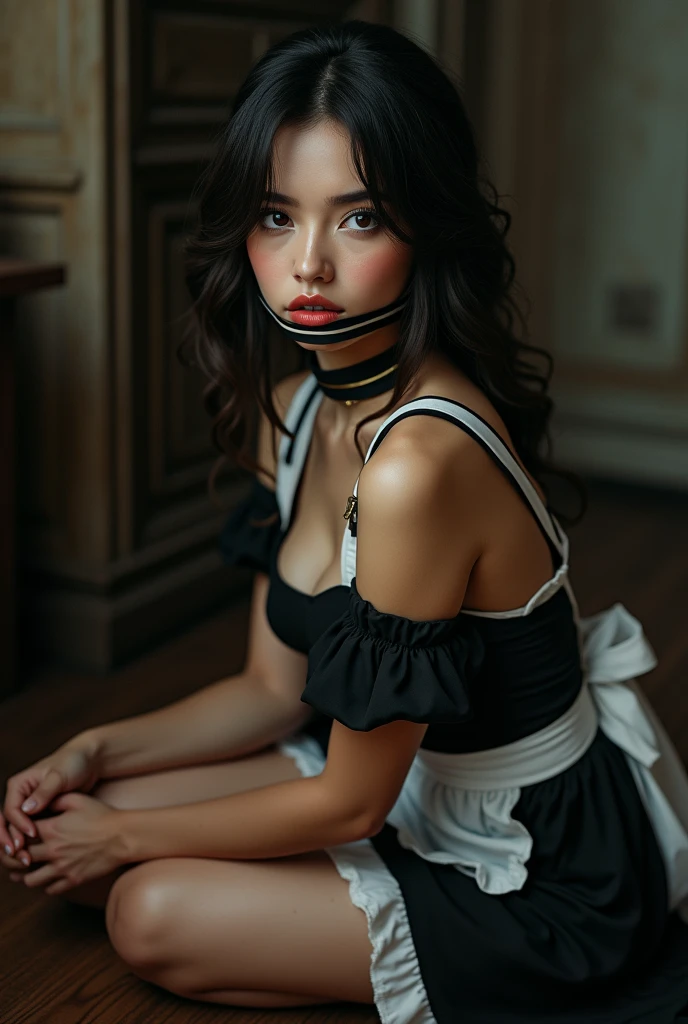 masterpiece:1.2, best_quality:1.3, UHD,one woman, solo, gagged maid, beautiful detailed eyes, beautiful detailed lips, extremely detailed face and body, long eyelashes, maid uniform, tied up, on knees, sensual expression, dramatic lighting, cinematic composition, highly detailed, photorealistic, chiaroscuro, moody colors, dramatic shadows