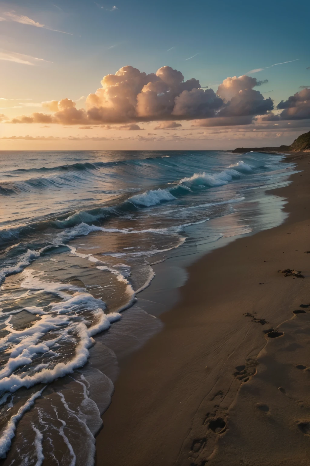 a breathtaking sunset over a serene beach, panoramic view, beautifull landscape,golden hour lighting, dramatic sky with vibrant colors, wispy clouds, tranquil ocean waves, pristine sandy beach, beautiful reflection on the water, photorealistic, highly detailed, cinematic composition, (best quality,4k,8k,highres,masterpiece:1.2),ultra-detailed,(realistic,photorealistic,photo-realistic:1.37),landscape,vivid colors,dramatic lighting