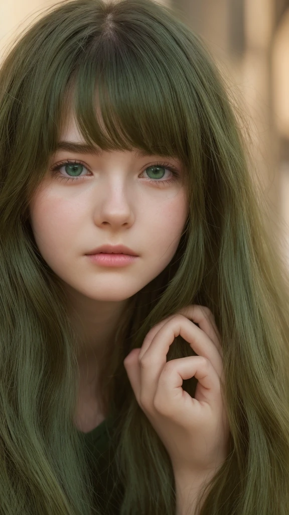 a girl. Europe. Extremely detailed face. Oval face. delicate facial features. half-closed eyes. long straight hair. messy hair. bangs. green hair. green eyes. shy expression