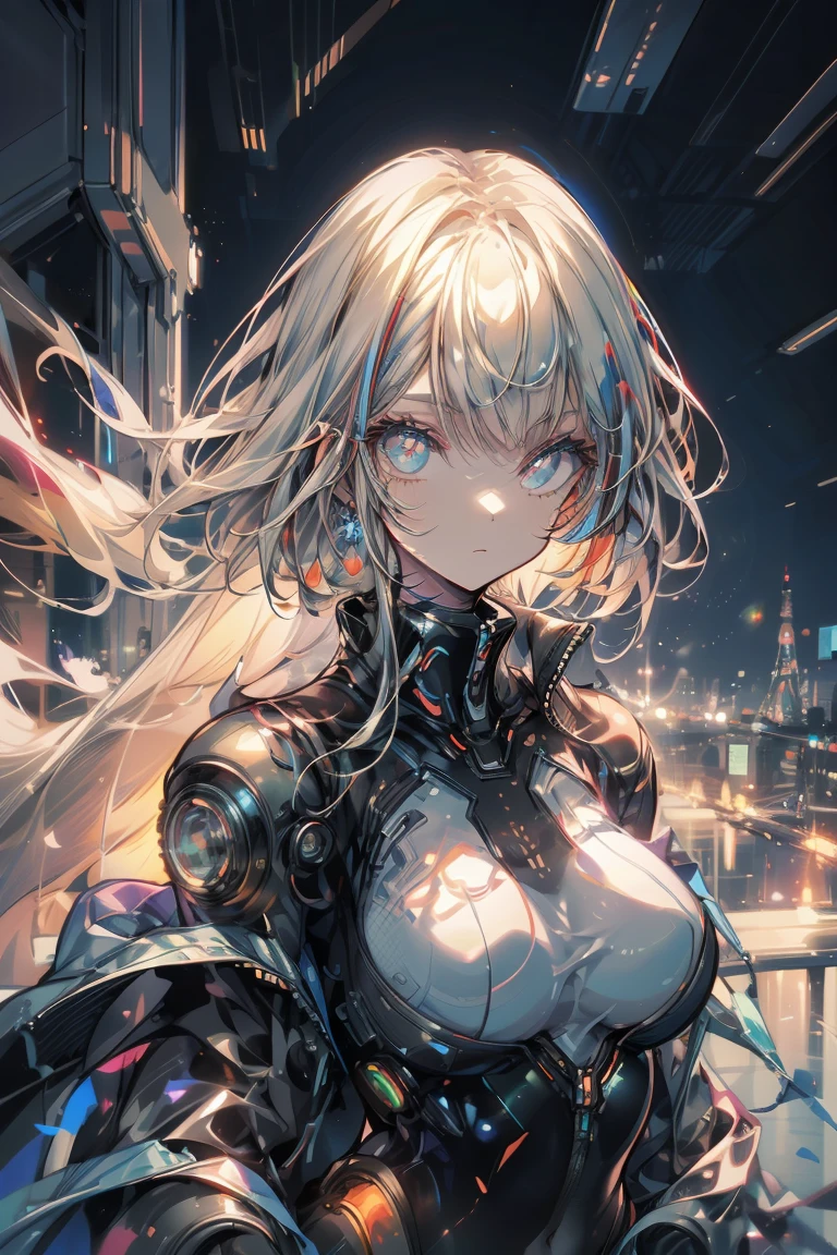 ((best quality)), ((masterpiece)), (detailed), A futuristic female android in a sci-fi movie setting on Mars. She has a white bob-cut hairstyle and wears a high-tech bodysuit with various advanced functionalities. The backdrop is a massive city on Mars, full of towering skyscrapers and glowing neon lights. The scene is set at night, with a dark sky contrasting with the vibrant city lights. The android stands confidently, her face displaying a neutral expression with a hint of mystery. The atmosphere is a mix of high-tech innovation and gritty realism, capturing the essence of human colonization on Mars.