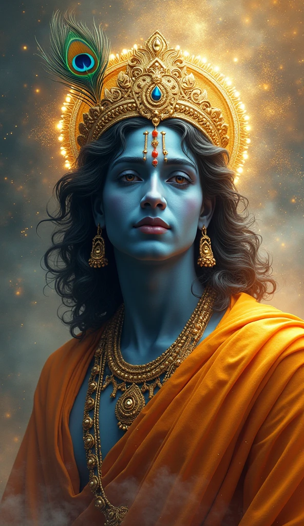 Lord Krishan,full dody ash blue, golden tiara crown with a single peacock feather, wearing saffron robe, amber gold blue dust