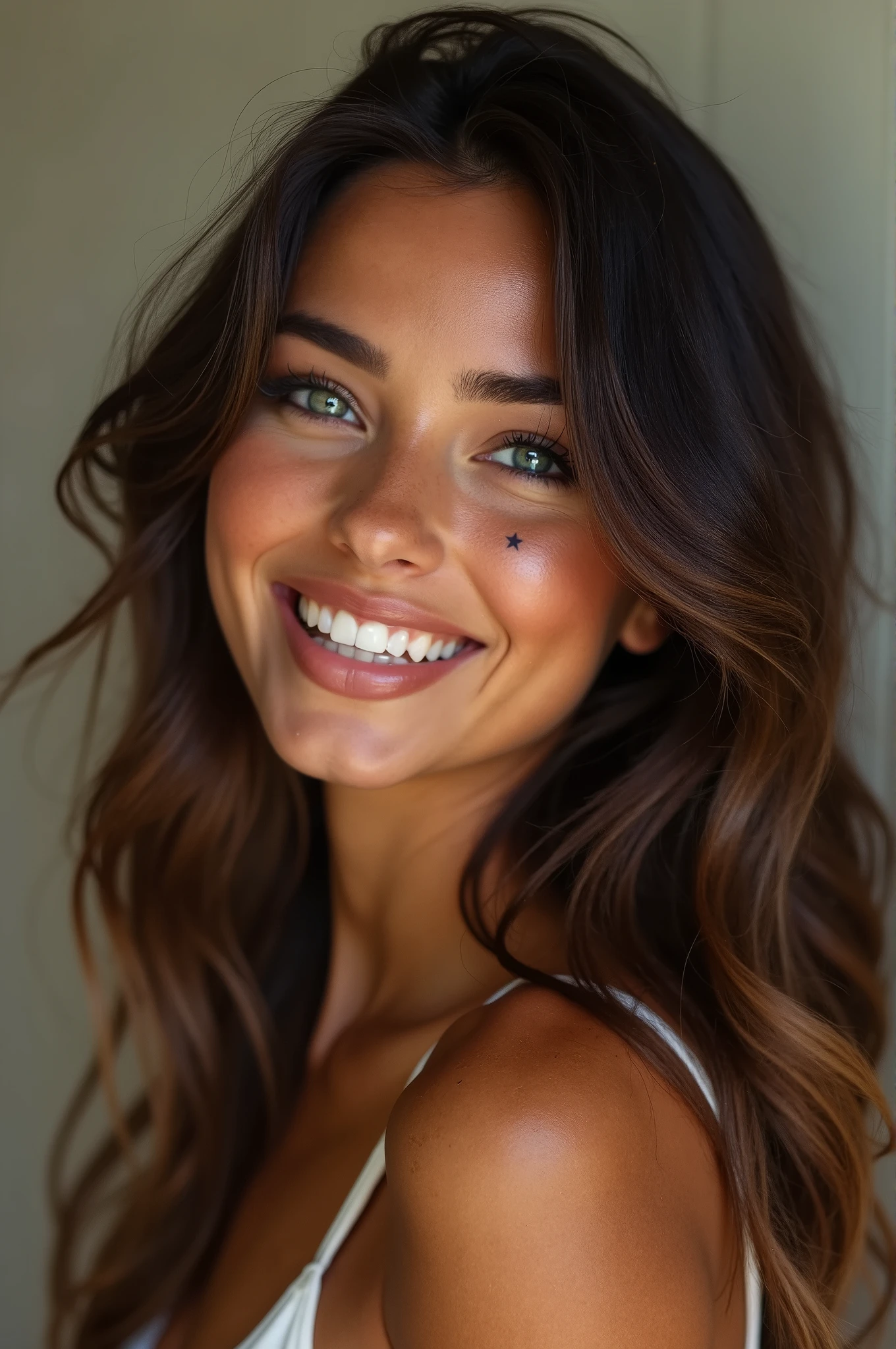 A woman with a moderate height, about 1.65 meters, with a slim and toned body. Hair would be dark, almost black, with dark brown highlights, and it would be long and loose, falling in soft waves over shoulders.
eyes would be a deep blue color, almost turquoise, with a warm and welcoming look. Skin would be brown, with a warm and natural tone, with a small tattoo of a star on the left cheek.
Smile would be wide and warm, with aligned and shiny teeth. A small scar on the upper lip.
More feminine proportions, with loose shoulders and generous curves in the waist and buttocks.
