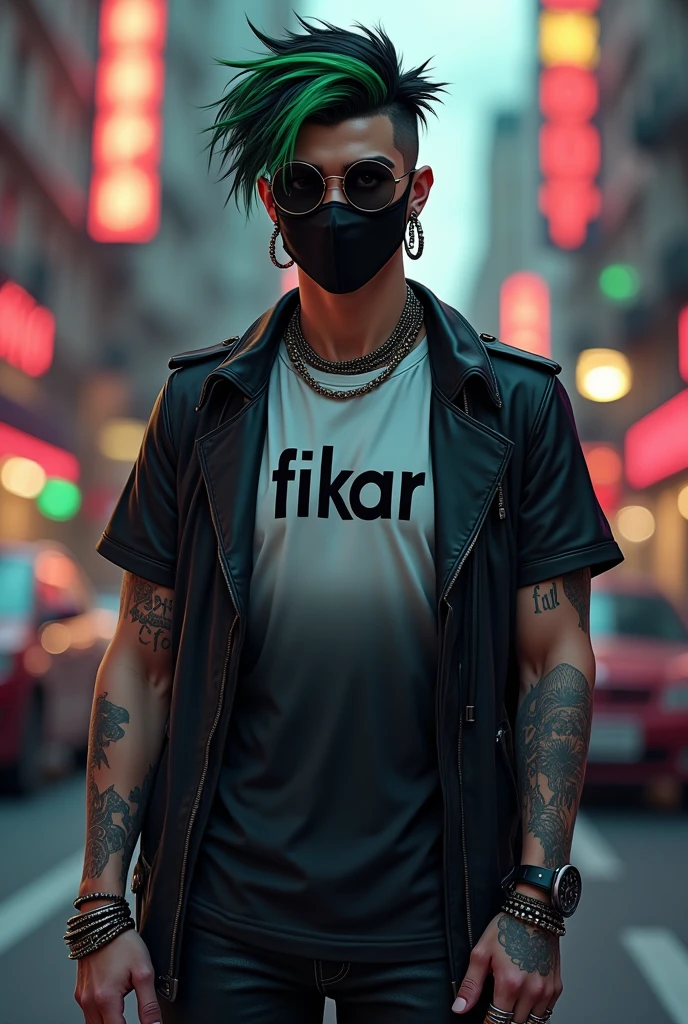 The image features a stylish character with an edgy, modern look, standing on a city street at dusk. The character has a unique hairstyle with dark hair and green highlights. They are wearing round sunglasses and a black face mask, which adds to the mysterious and cool vibe. The character is dressed in a black and white gradient T-shirt with the word "FIKAR" printed on it, paired with a black leather jacket draped over their shoulders.
Their arms are adorned with several rings, bracelets, and a wristwatch, along with noticeable tattoos. The background shows a busy street with cars, blurred by the focus on the character, suggesting a bustling urban environment. The overall aesthetic is rebellious and fashionable, with a hint of a streetwear influence, perfect for someone who embodies confidence and individuality.