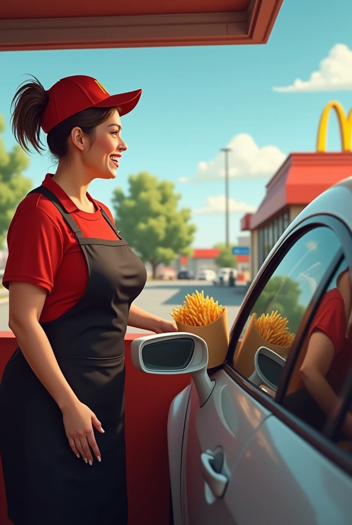 Viewpoint: From inside the car waiting at the drive-thru.
Context: A sunny day at the McDonald's drive-thru.
Character: A 50-year-old woman with short-cropped brown hair. She is generously bosomed and wears the iconic McDonald's uniform, a red t-shirt and black apron. Her hair is tied back under a McDonald's cap.
Action: As your car pulls up to the drive-thru, she approaches the window with a big smile. She holds out a bag full of orders, her gestures full of enthusiasm. The enticing smell of fries and burgers wafts through the air.
Style: Realistic, realistic photo.