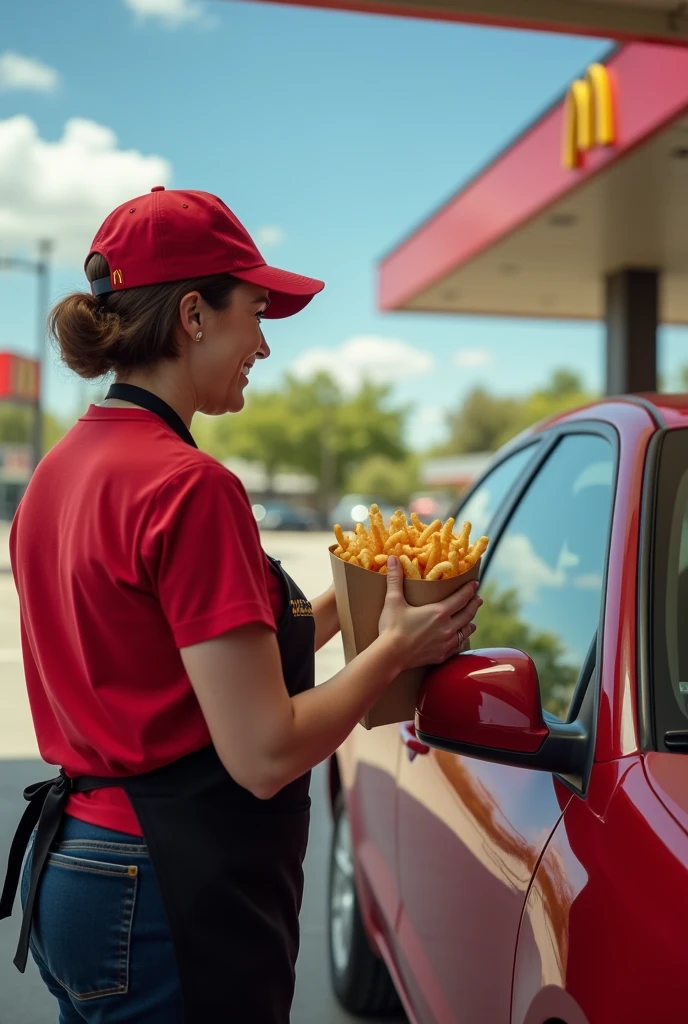 Viewpoint: From inside the car waiting at the drive-thru.
Context: A sunny day at the McDonald's drive-thru.
Character: A 50-year-old woman with short-cropped brown hair. She is generously bosomed and wears the iconic McDonald's uniform, a red t-shirt and black apron. Her hair is tied back under a McDonald's cap.
Action: As your car pulls up to the drive-thru, she approaches the window with a big smile. She holds out a bag full of orders, her gestures full of enthusiasm. The enticing smell of fries and burgers wafts through the air.
Style: Realistic, realistic photo.
