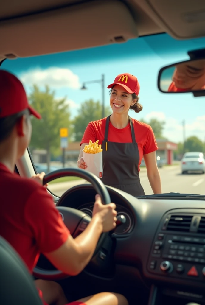 Viewpoint: From inside the car waiting at the drive-thru.
Context: A sunny day at the McDonald's drive-thru.
Character: A 50-year-old woman with short-cropped brown hair. She is generously bosomed and wears the iconic McDonald's uniform, a red t-shirt and black apron. Her hair is tied back under a McDonald's cap.
Action: As your car pulls up to the drive-thru, she approaches the window with a big smile. She holds out a bag full of orders, her gestures full of enthusiasm. The enticing smell of fries and burgers wafts through the air.
Style: Realistic, realistic photo.
