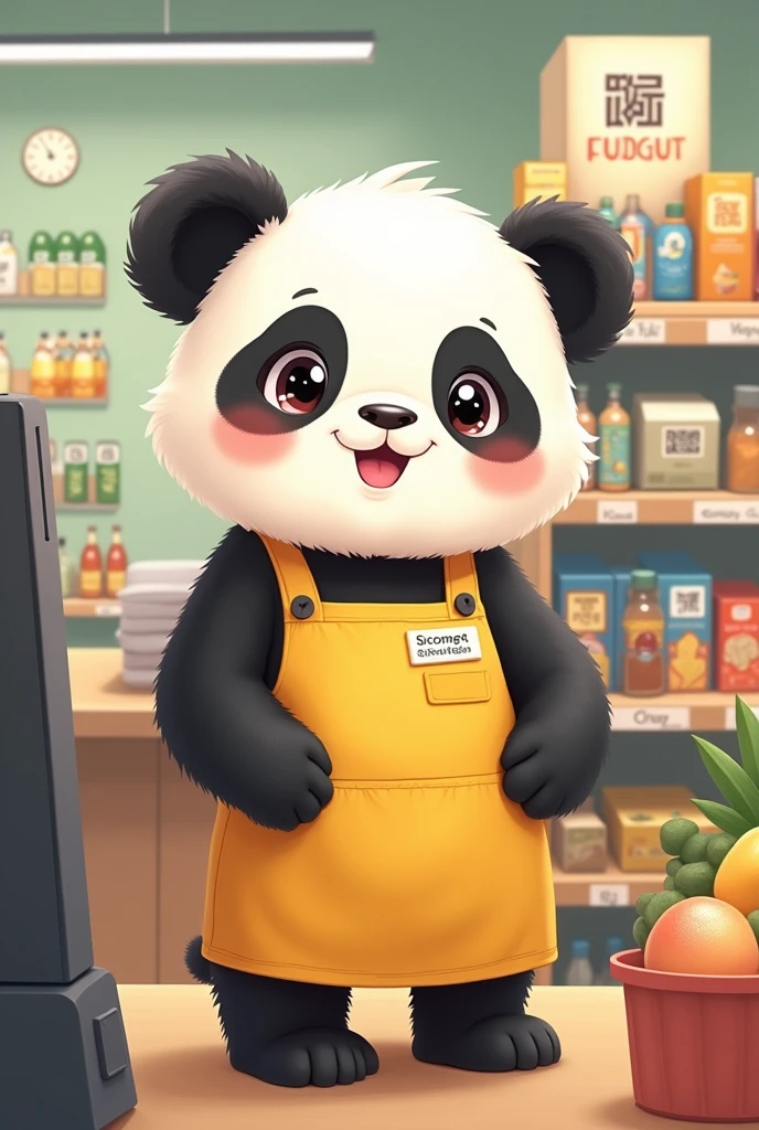 Little Panda Bear, with yellow uniform, with a super economical name, drawing. At the checkout of a super market.