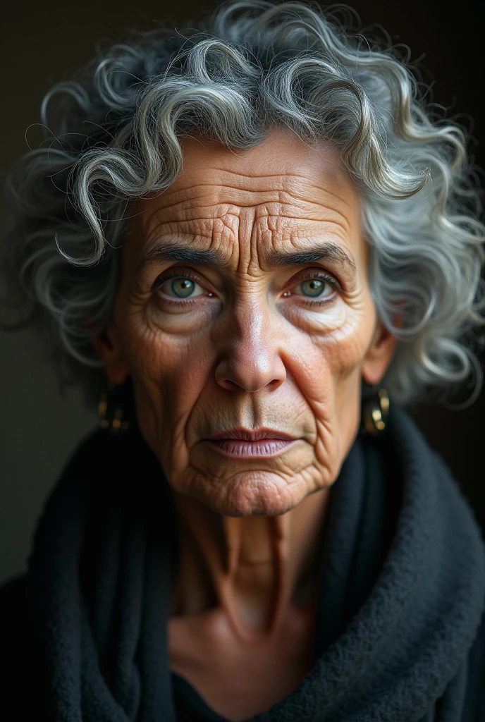 woman with curly hair in her 45s serious face, suffered over time