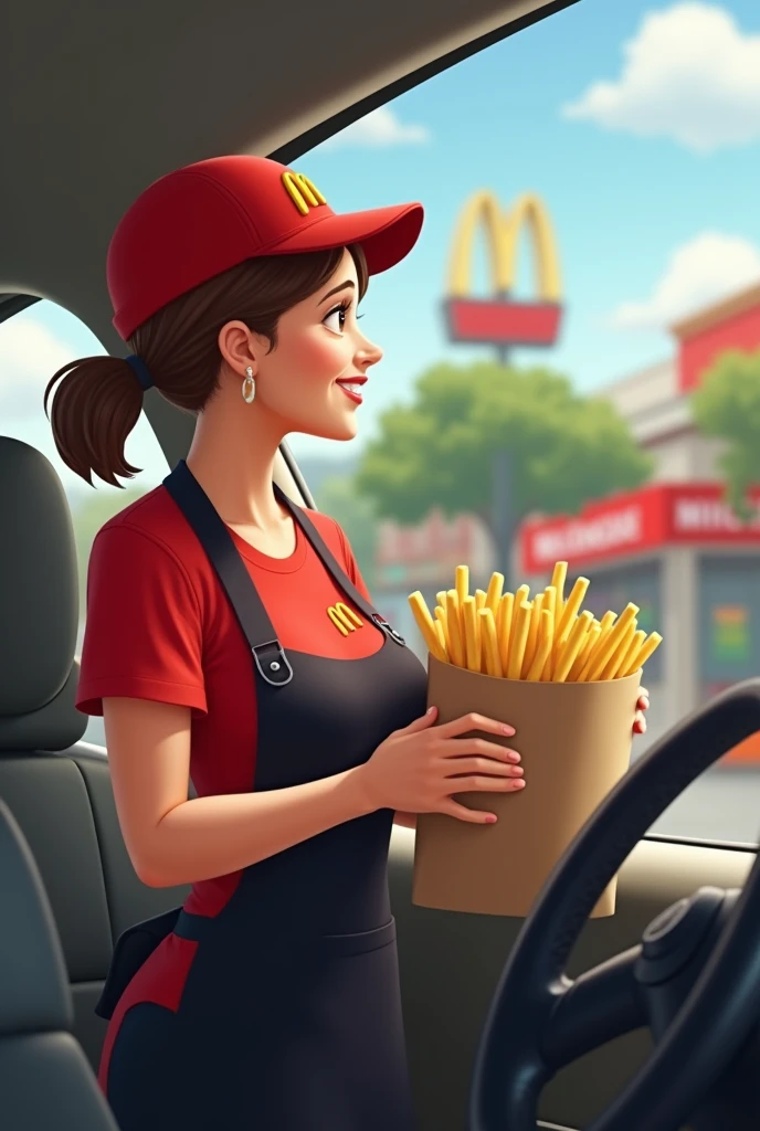 Viewpoint: From inside the car waiting at the drive-thru.
Context: A sunny day at the McDonald's drive-thru.
Character: A 50-year-old woman with short-cropped brown hair. She is generously bosomed and wears the iconic McDonald's uniform, a red t-shirt and black apron. Her hair is tied back under a McDonald's cap.
Action: As your car pulls up to the drive-thru, she approaches the window with a big smile. She holds out a bag full of orders, her gestures full of enthusiasm. The enticing smell of fries and burgers wafts through the air.
Style: Realistic, realistic photo.