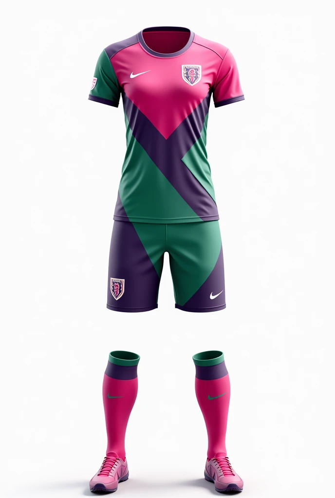 Hello, design me a uniform for a women&#39;s soccer team that has a white background., and colors in pink gradient, green mind and purple