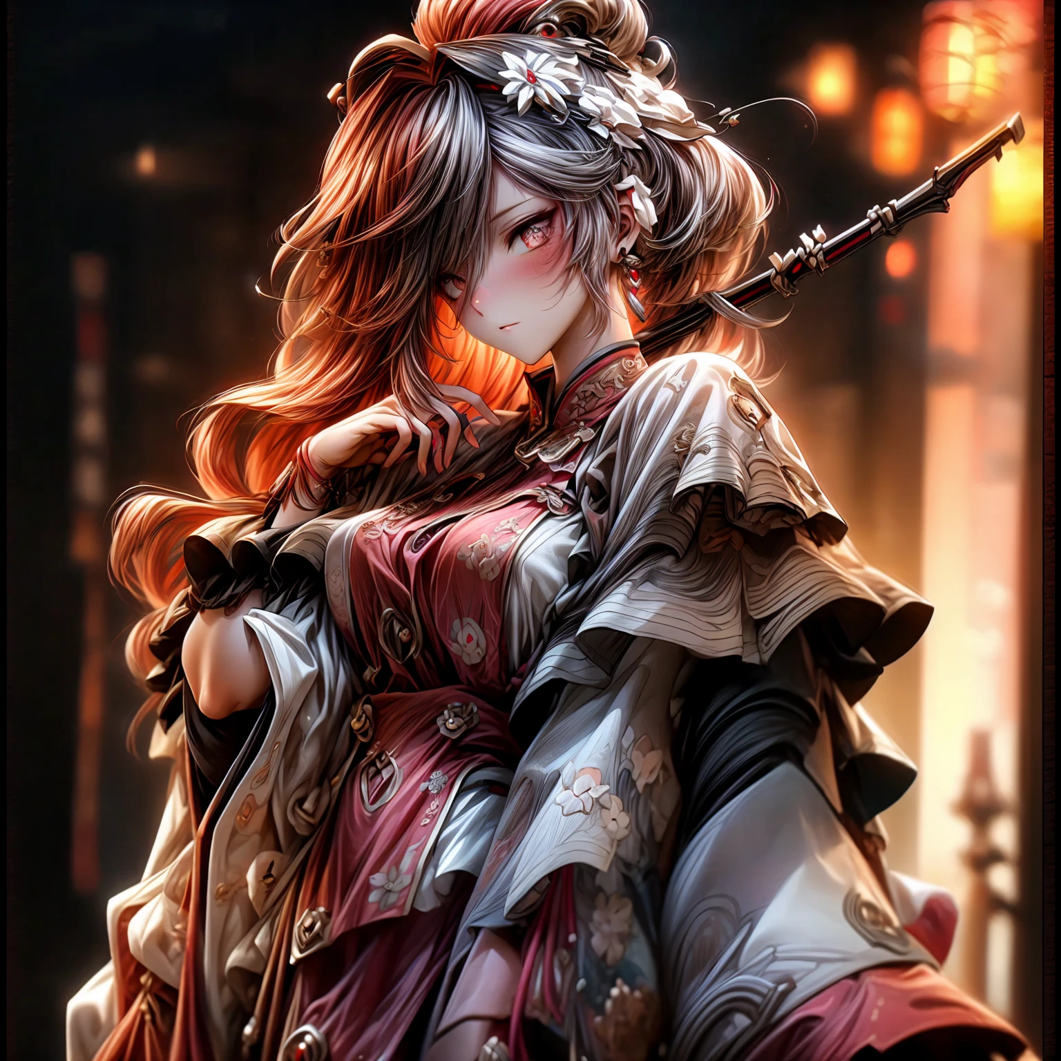 (best quality)), ((Masterpiece)), (details:1.4), 3d, HDR (high dynamic range), an image of a beautiful cyberpunk female, fantasy, medieval, Cyberpunk, Red hair, Sleek style, Curtain Bangs, Beautiful White eyes, จมูกโด่ง, ปากแดง, หน้าอกใหญ่, nvidia RTX, PBR surface, After processing, Anisotropic filtration,depth of field, Maximum clarity and clarity, multi-layered surface, Subsurface scattering, perfect proportions, 8K raw files, ultra detailed, Perfect proportions, volumetric lighting, soft lighting, Holy Paldin, Heavy Golden Armor, white dress, intricate Silver embroidery, glossy skin, Bed room Background, jewely, ต่างหู, นิ้วมือสมบูณ์, mini Red skirt, 2 arm