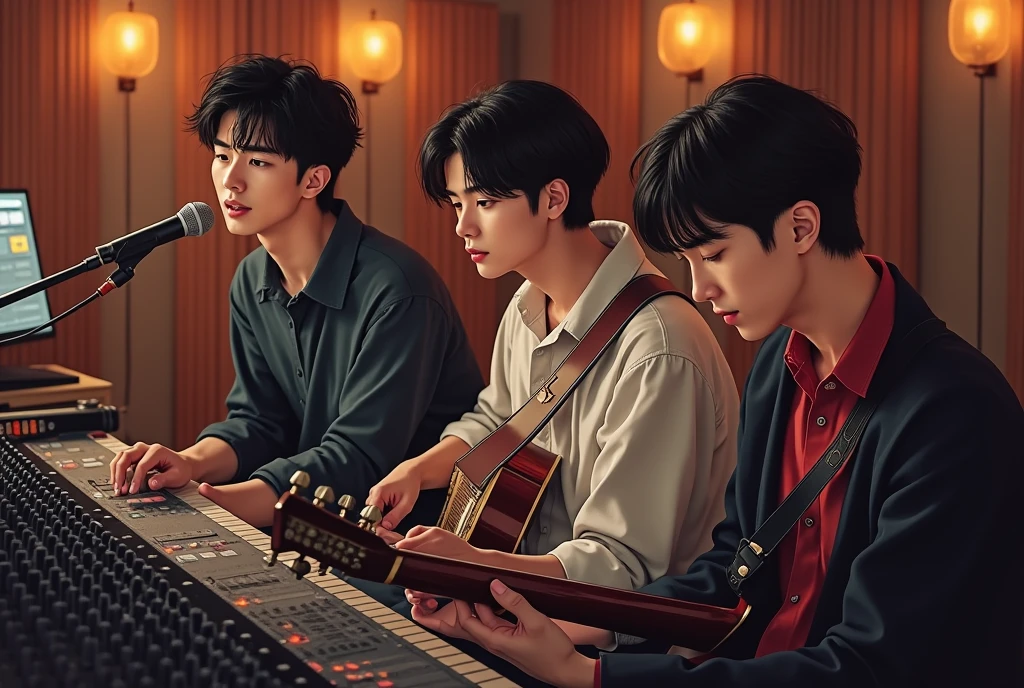 Three handsome Korean male band members are in a professional recording studio, each deeply focused on recording a song. The first member is standing in front of a microphone with headphones on, passionately singing into it. He has styled dark hair and is wearing a casual but stylish outfit. The second member, with a slightly wavy hairstyle, is seated at a mixing console, adjusting the sound levels with a serious expression. The third member, with short, sleek hair, is playing an electric guitar while sitting on a stool, lost in the music. The studio has modern equipment, acoustic panels, and warm lighting that creates an intimate atmosphere, highlighting the creative energy of the session.