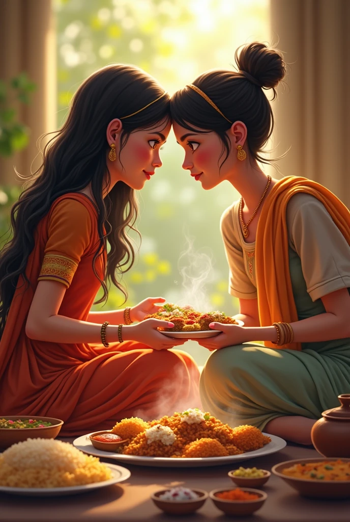 One girl and one boyish girl eating delicious Indian food