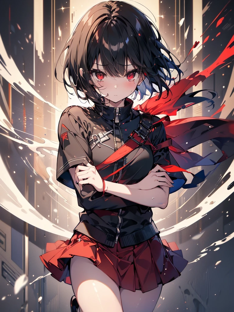 (masterpiece, highest quality, highest quality, (No text), Beautiful and aesthetic:1.2),No text,アニメ、BREAK,One Girl,Black Hair Girl adult short hair older sister Beautiful eyes Red eyes cool tears Black and Red skirt Black jacket White clothing Full body night view