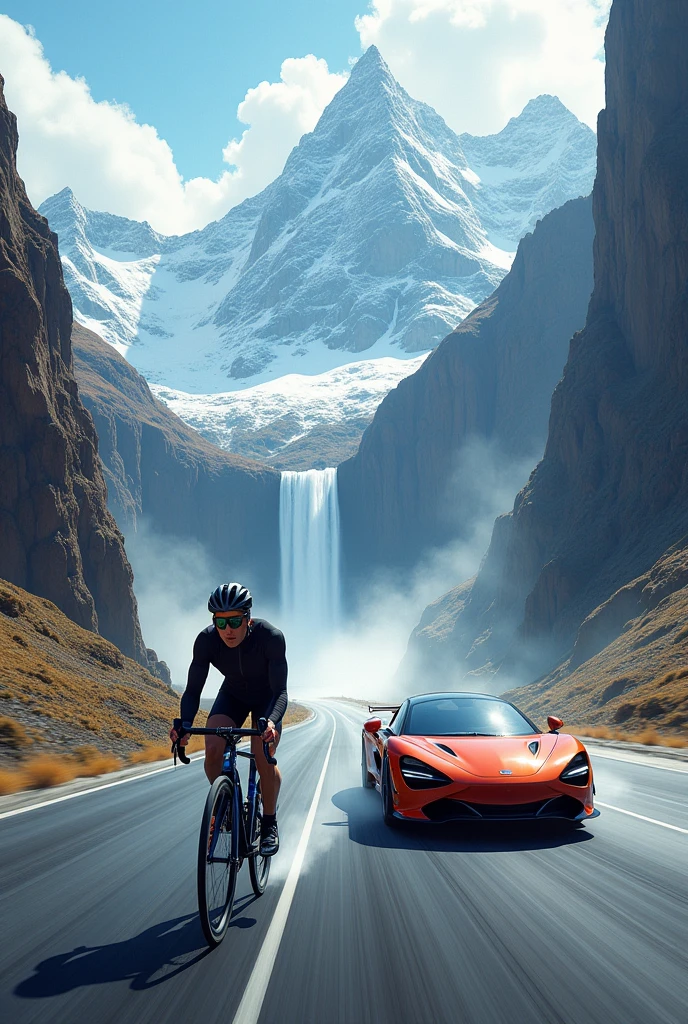 A bike and a car racing on a big long road towards the big mountains with waterfall