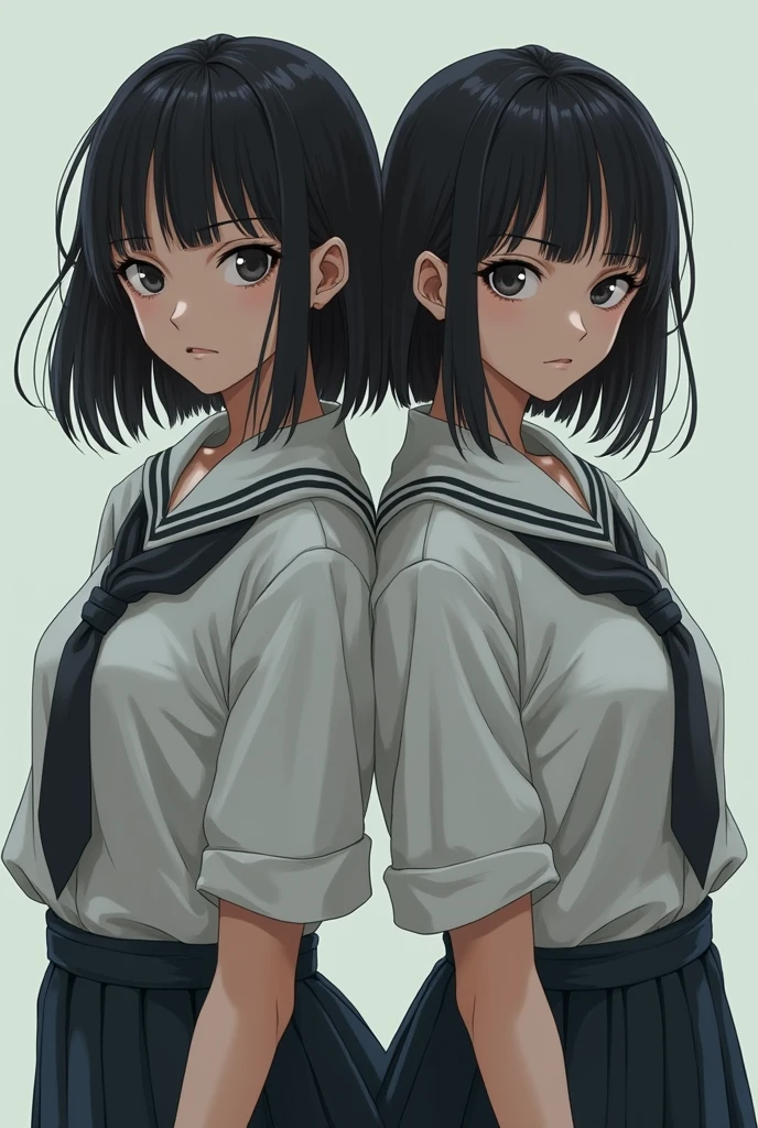 (masterpiece:1.3), (8k, Photoreal, Raw photo, best image quality: 1.4), Japanese high school girl、(random hairstyle:1.2)、super detail face、eye for details、double eyelid、sharp focus:1.2、Beautiful woman:1.4、超A high resolution、(Photoreal:1.4)、Highly detailed and professionally lit smiles、shoulder out、thin、serious expression、short haired、deadly position
(((similar identical twins)))
(((All the girls have the exact same face, The two have the same face and figure, as if they were mirror images.)))