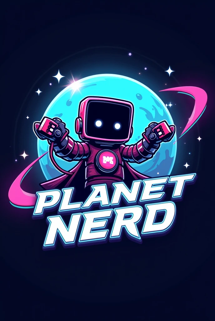 Create a vibrant, futuristic logo for a geek clothing and merchandise store, aimed at young audiences. The design should feature a fictional character in the style of old pixelated games, similar to classic Nintendo games. This character should be holding a pair of video game controllers as if they were weapons., with a dynamic and heroic pose. Use bold and metallic colors, as electric blue and silver, and include modern, stylized fonts for the store name. The logo should convey a sense of innovation and fun., combining a retro geek aesthetic with futuristic elements and a planet in the background, the name should be planet nerd