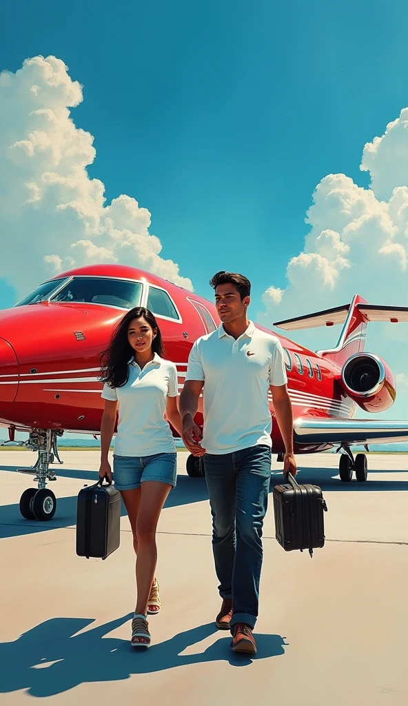 A handsome young man with a Javanese Indonesian face, slightly fat in a white polo t-shirt and a beautiful Indonesian woman in a white polo t-shirt, walked towards a red private jet with white stripes parked on the runway. followed by two assistants carrying suitcases, against a blue sky in the style of an oil painting