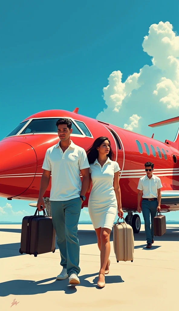 A handsome young man with a Javanese Indonesian face, slightly fat in a white polo t-shirt and a beautiful Indonesian woman in a white polo t-shirt, walked towards a red private jet with white stripes parked on the runway. followed by two assistants carrying suitcases, against a blue sky in the style of an oil painting