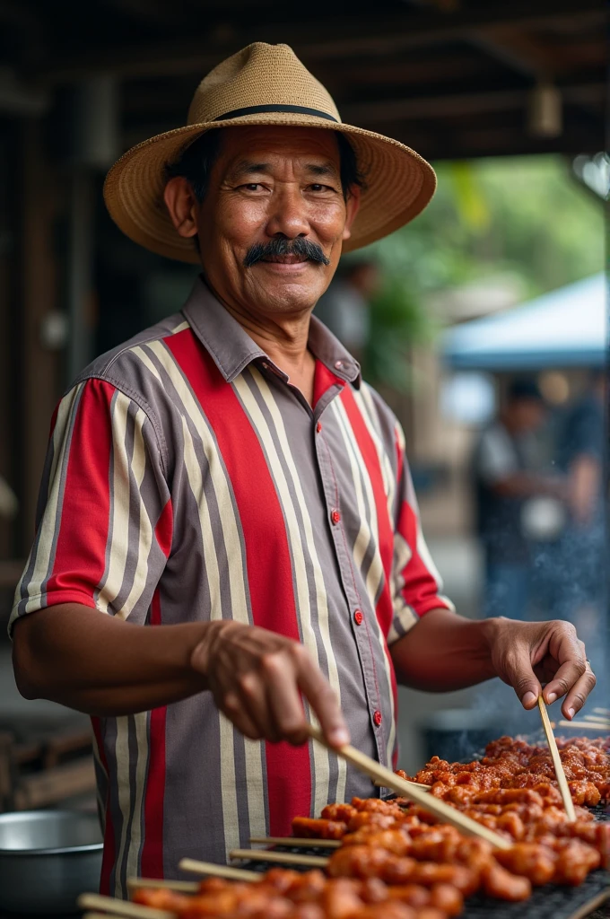 photo of an old Indonesian man aged 50 years, white and red striped collared shirt, curly hair wearing a national songkok, thick mustache, grilling satay