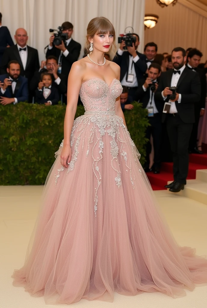 New York MET GALA event, dress core XIX century ancient, Taylor swift, paparazzi behind, complete dress, pastel colors, extravagant dress, pearls, many accessories. same dress for all photos, same dress three photos, same dress