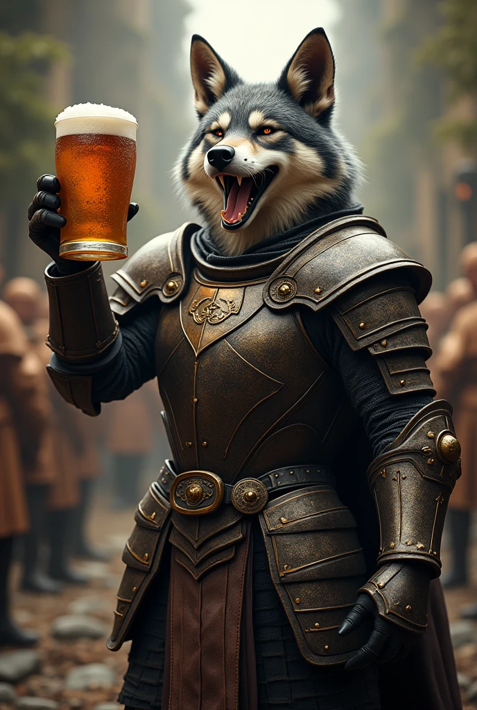 A stunning 3D rendering illustration of an black-furred teenage dog, portrayed as a muscular warrior. The dog is dressed in a fashionable and elaborate armor, adorned with intricate designs and a cape. In a surreal forest cafe setting, the dog is shown sipping wine from a glass, exuding a strong and confident presence. The atmosphere of the scene is cinematic, with a touch of anime and conceptual art, creating an immersive and visually captivating experience., conceptual art, cinematic, anime, 3d render, fashion, illustration