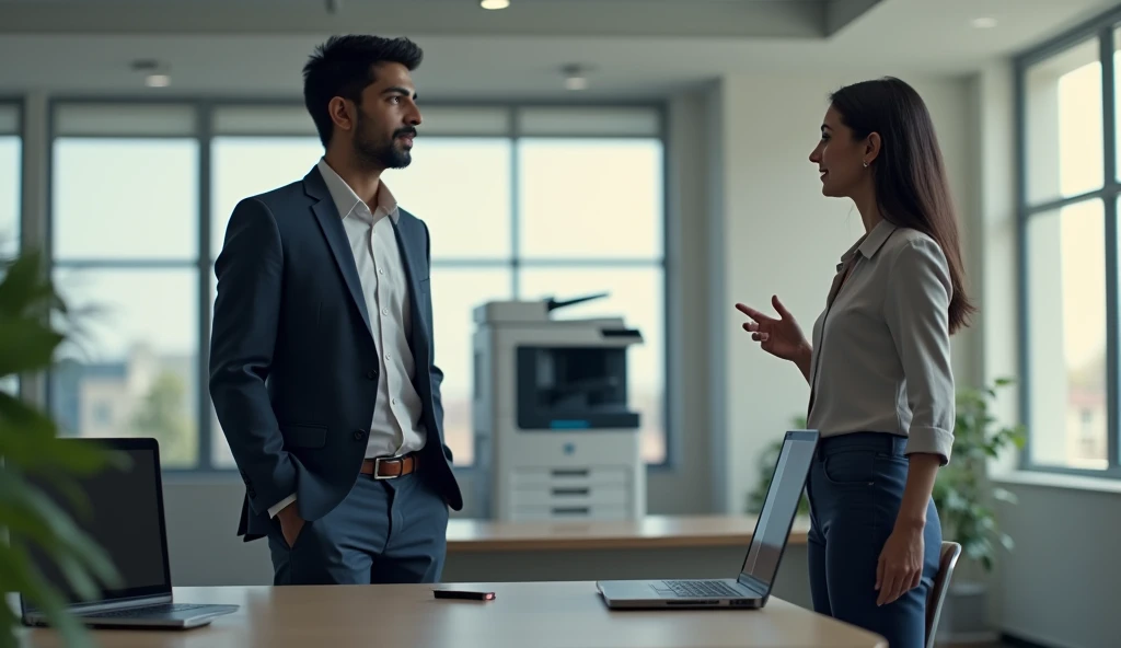 A young Indian man in formal attire standing in an office with a laptop ,A woman is standing next to me and talking,There is a multifunction printer and a rotary press in the background.