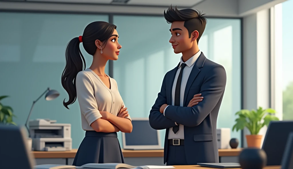 A young Indian man in formal attire standing in an office with a laptop ,A woman is standing next to me and talking,There is a multifunction printer and a rotary press in the background.