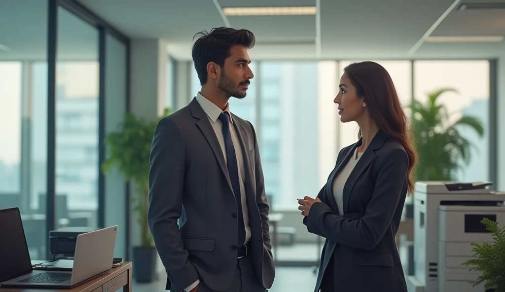 A young Indian man in formal attire standing in an office with a laptop ,A woman is standing next to me and talking,There is a multifunction printer and a rotary press in the background.