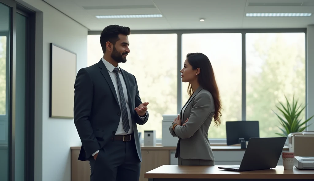 A young Indian man in formal attire standing in an office with a laptop ,A woman is standing next to me and talking,There is a multifunction printer and a rotary press in the background.