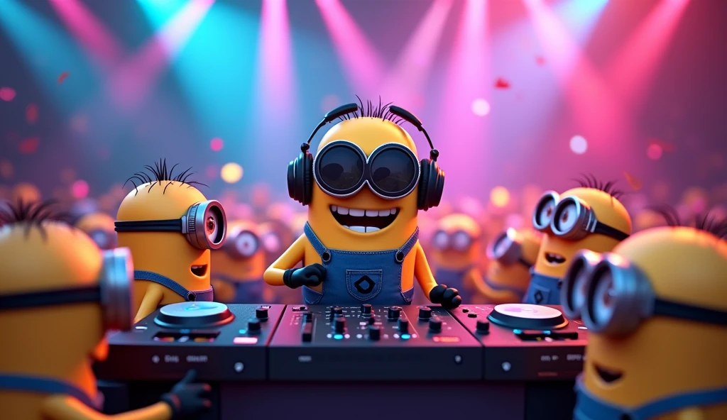 A Minion is standing behind a DJ booth, mixing music with a playful and energetic vibe. The Minion DJ is wearing oversized headphones and funky sunglasses, with a mischievous smile on its face. Surrounding the DJ booth, several other Minions are dancing wildly, having the time of their lives. The scene is set in a colorful, cartoonish party environment, with vibrant lights, confetti in the air, and a fun, carefree atmosphere.