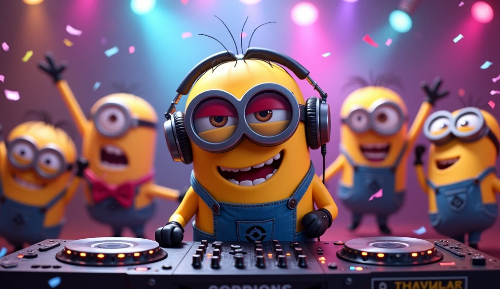 A Minion is standing behind a DJ booth, mixing music with a playful and energetic vibe. The Minion DJ is wearing oversized headphones and funky sunglasses, with a mischievous smile on its face. Surrounding the DJ booth, several other Minions are dancing wildly, having the time of their lives. The scene is set in a colorful, cartoonish party environment, with vibrant lights, confetti in the air, and a fun, carefree atmosphere.